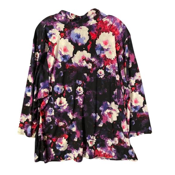 Alfani Woman 3X Floral Ruched V-Neck Tunic Top – Black Purple Fuchsia - Picture 2 of 5
